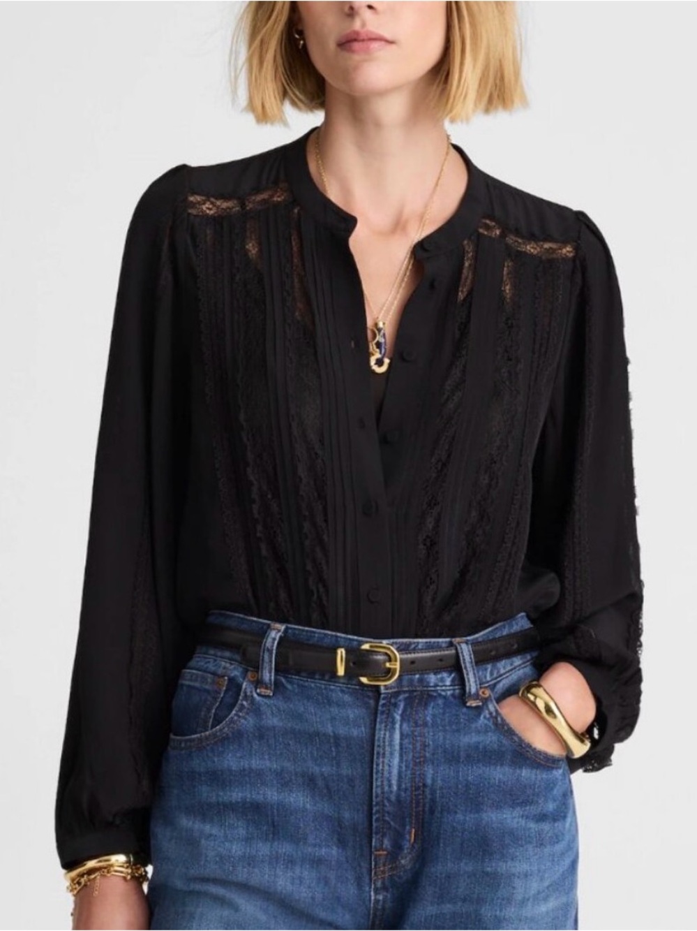 Madewell Black Lace Insert Balloon Sleeve Blouse Size XL Button Up Long Sleeve